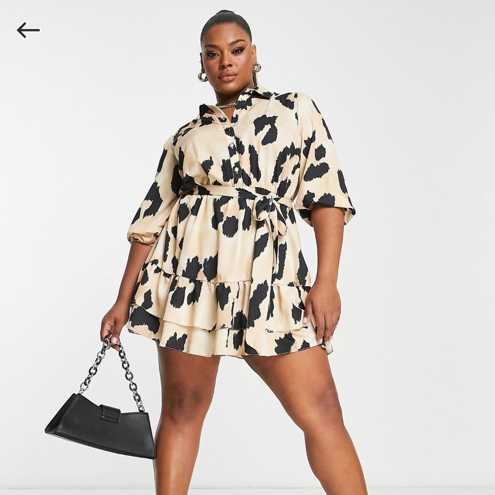 Beige Animal Print Satin Mini Shirt Dress